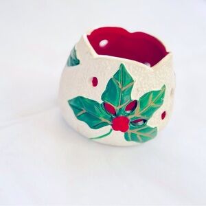Vintage White Christmas Ceramic Candle Votive Holder w Red & Green Holly Design